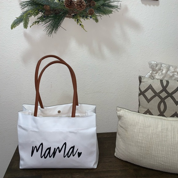 NWOT Mama with Heart Tote Bag / Shoulder Bag Canvas White with Brown Handles - Picture 3 of 7
